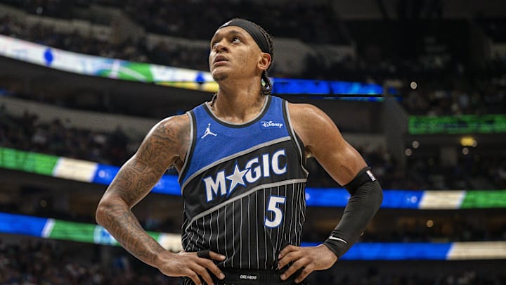Apr 3, 2026; Dallas, Texas, USA; Orlando Magic forward Paolo Banchero (5) looks on during the game between the Mavericks and the Magic at American Airlines Center. Mandatory Credit: Jerome Miron-Imagn Images