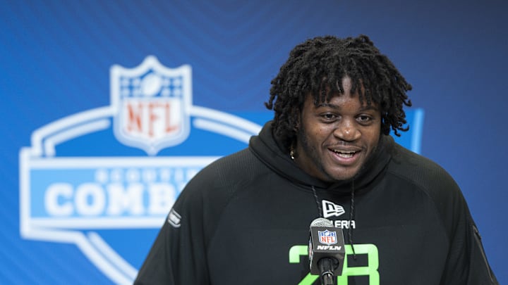 Mar 1, 2025; Indianapolis, IN, USA; University of Missouri offensive lineman Armand Membou (OL28) answers questions at a press conference during the 2025 NFL Combine at Indiana Convention Center. Mandatory Credit: Jacob Musselman-Imagn Images