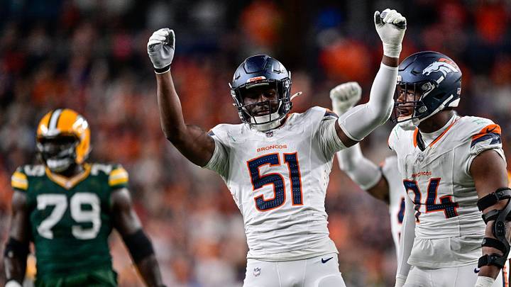 DENVER, CO - AUGUST 21: Denver Broncos linebacker Que Robinson (51) celebrates after his sack in the second half during a preseason game between the Green Bay Packers and the Denver Broncos at Empower Field at Mile High on August 21, 2026 in Denver, Colorado. 