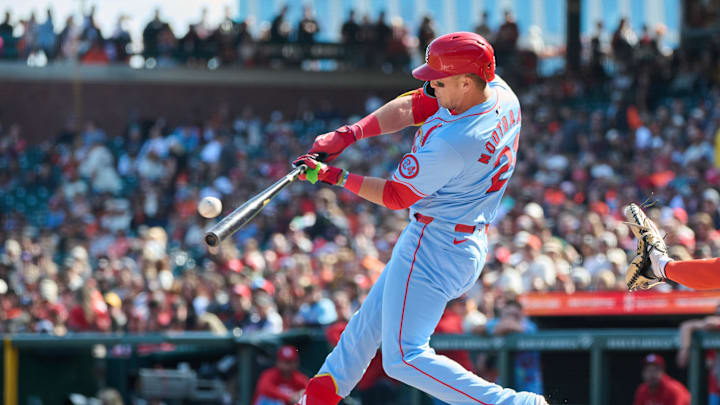 Sep 28, 2024; San Francisco, California, USA; St. Louis Cardinals outfielder Lars Nootbaar (21) bats against the San Francisco Giants during the fifth inning at Oracle Park. Mandatory Credit: Robert Edwards-Imagn Images