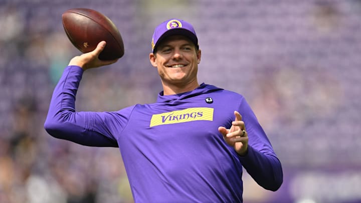 Aug 10, 2024; Minneapolis, Minnesota, USA; Minnesota Vikings head coach Kevin O'Connell warm up with the team before the game against the Las Vegas Raiders at U.S. Bank Stadium.