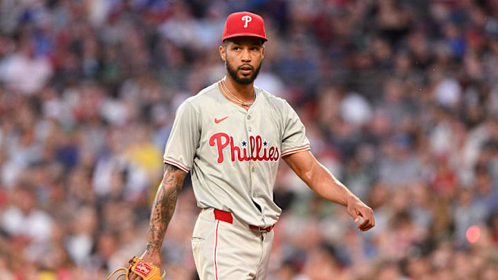 Jun 12, 2024; Boston, Massachusetts, USA; Philadelphia Phillies pitcher Cristopher Sanchez (61) walks off of the field at the end of the third inning of a game against the Boston Red Sox at Fenway Park. Mandatory Credit: Brian Fluharty-USA TODAY Sports