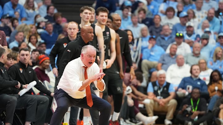 Feb 28, 2026; Chapel Hill, North Carolina, USA; Virginia Tech Hokies head coach Mike Young reacts in the second half at Dean E. Smith Center. Mandatory Credit: Bob Donnan-Imagn Images