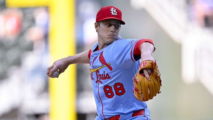May 31, 2025; Arlington, Texas, USA; St. Louis Cardinals relief pitcher Phil Maton (88) pitches against the Texas Rangers during the eighth inning at Globe Life Field. Mandatory Credit: Jerome Miron-Imagn Images