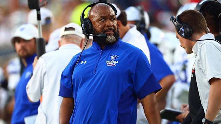 Aug 30, 2025; Oxford, Mississippi, USA; Georgia State Panthers head coach Dell McGee looks on during the first quarter against the Mississippi Rebels at Vaught-Hemingway Stadium. Mandatory Credit: Petre Thomas-Imagn Images