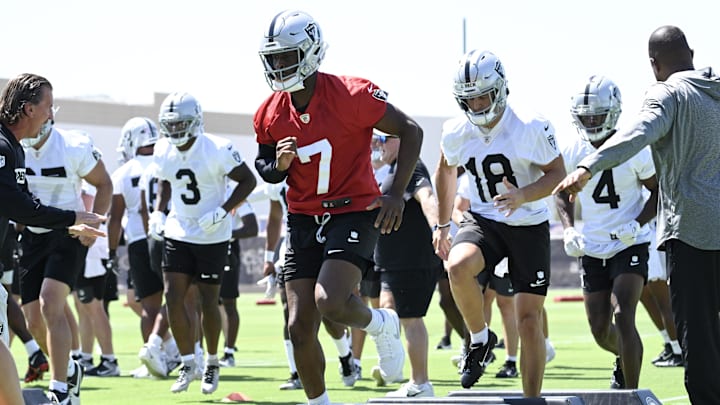 Jun 10, 2025; Henderson, NV, USA; Las Vegas Raiders quarterback Geno Smith (7) performs a drill during Las Vegas Raiders Minicamp at Intermountain Health Performance Center. Mandatory Credit: Candice Ward-Imagn Images