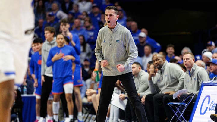 Jan 4, 2025; Lexington, Kentucky, USA; Florida Gators head coach Todd Golden cheers on his players during the second half against the Kentucky Wildcats at Rupp Arena at Central Bank Center. Mandatory Credit: Jordan Prather-Imagn Images