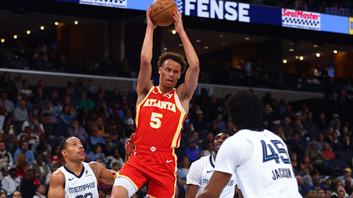 Mar 3, 2025; Memphis, Tennessee, USA; Atlanta Hawks guard Dyson Daniels (5) collects a rebound during the second quarter against the Memphis Grizzlies at FedExForum. Mandatory Credit: Petre Thomas-Imagn Images