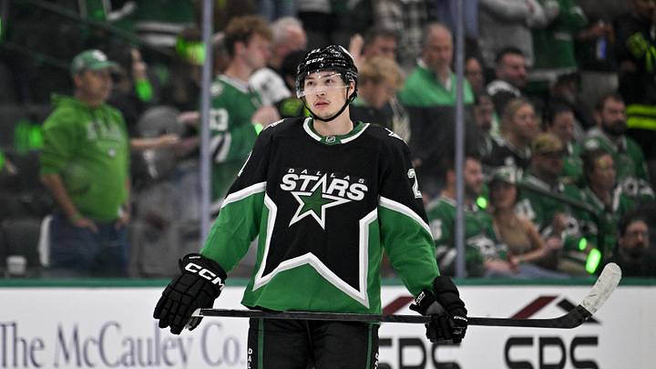 Apr 28, 2026; Dallas, Texas, USA; Dallas Stars left wing Jason Robertson (21) looks on during the third period against the Minnesota Wild in game five of the first round of the 2026 Stanley Cup Playoffs at American Airlines Center. Mandatory Credit: Jerome Miron-Imagn Images