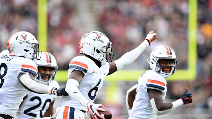Sep 30, 2023; Chestnut Hill, Massachusetts, USA; Virginia Cavaliers cornerback Dre Walker (6) reacts after making an interception against the Boston College Eagles during the first half at Alumni Stadium. Mandatory Credit: Brian Fluharty-Imagn Images Sep 30, 2023; Chestnut Hill, Massachusetts, USA; Virginia Cavaliers cornerback Dre Walker (6) reacts after making an interception against the Boston College Eagles during the first half at Alumni Stadium. Mandatory Credit: Brian Fluharty-Imagn Images