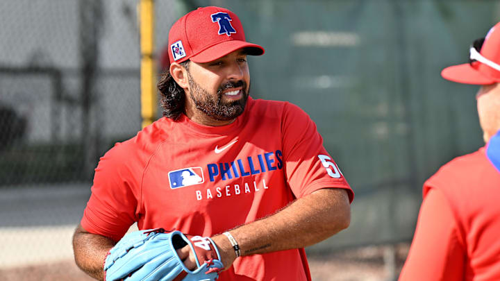 Feb 12, 2025; Clearwater, FL, USA; Philadelphia Phillies pitcher Nabil Crismatt (54) warms up during a spring training workout at Carpenter Complex 