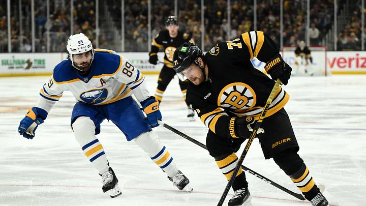 Apr 23, 2026; Boston, Massachusetts, USA; Boston Bruins left wing Viktor Arvidsson (71) skates against Buffalo Sabres right wing Alex Tuch (89) during the third period of game three of the first round of the 2026 Stanley Cup Playoffs at the TD Garden. Mandatory Credit: Brian Fluharty-Imagn Images