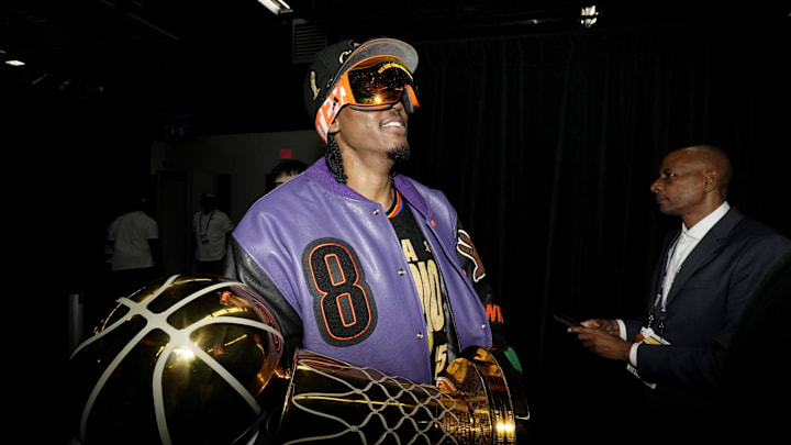 Jun 22, 2025; Oklahoma City, Oklahoma, USA; Oklahoma City Thunder forward Jalen Williams (8) celebrates after winning game seven of the 2025 NBA Finals against the Indiana Pacers at Paycom Center. Mandatory Credit: Kyle Terada-Imagn Images