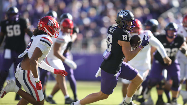 Nov 23, 2024; Fort Worth, Texas, USA; TCU Horned Frogs wide receiver Jack Bech (18) catches a pass against the Arizona Wildcats in the first quarter at Amon G. Carter Stadium. Mandatory Credit: Tim Heitman-Imagn Images Nov 23, 2024; Fort Worth, Texas, USA; TCU Horned Frogs wide receiver Jack Bech (18) catches a pass against the Arizona Wildcats in the first quarter at Amon G. Carter Stadium. Mandatory Credit: Tim Heitman-Imagn Images