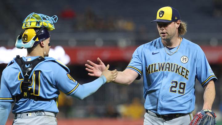 Sep 15, 2026; Pittsburgh, Pennsylvania, USA;  Milwaukee Brewers catcher William Contreras (24) and relief pitcher Trevor Megill (29) celebrate after dedfeating the Pittsburgh Pirates during the ninth inning at PNC Park.  Mandatory Credit: Charles LeClaire-Imagn Images