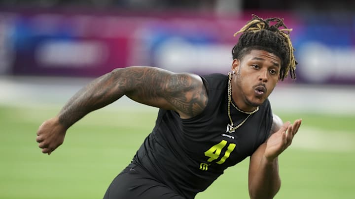 Feb 26, 2026; Indianapolis, IN, USA; Texas A&M defensive lineman Cashius Howell (DL41) during the NFL Scouting Combine  at Lucas Oil Stadium. Mandatory Credit: Kirby Lee-Imagn Images