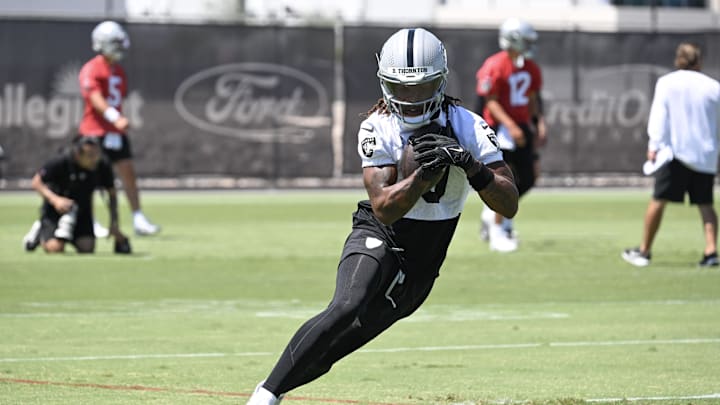 Jun 11, 2025; Henderson, NV, USA; Las Vegas Raiders wide receiver Dont'e Thornton Jr. (10) runs through a drill during Las Vegas Raiders Minicamp at Intermountain Health Performance Center. Mandatory Credit: Candice Ward-Imagn Images
