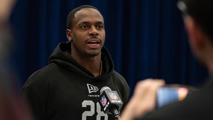 Feb 27, 2026; Indianapolis, IN, USA; Kentucky wideout Kendrick Law (WO28) speaks to members of the media during the NFL Combine at the Indiana Convention Center. Mandatory Credit: Jacob Musselman-Imagn Images Feb 27, 2026; Indianapolis, IN, USA; Kentucky wideout Kendrick Law (WO28) speaks to members of the media during the NFL Combine at the Indiana Convention Center. Mandatory Credit: Jacob Musselman-Imagn Images
