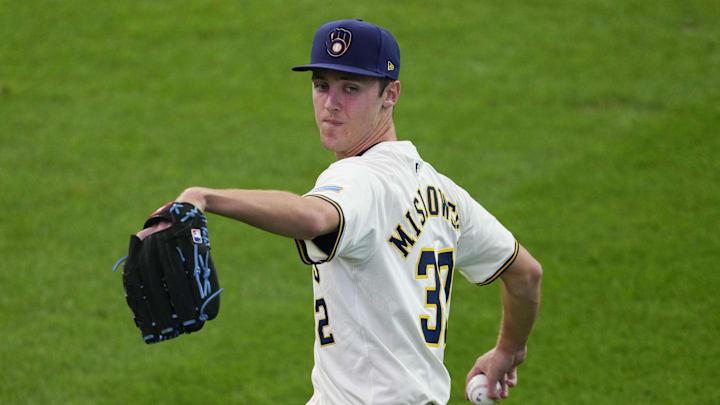 Jul 8, 2025; Milwaukee, Wisconsin, USA;  Milwaukee Brewers pitcher Jacob Misiorowski (32) during warmups prior to the game against the Los Angeles Dodgers at American Family Field. Mandatory Credit: Jeff Hanisch-Imagn Images