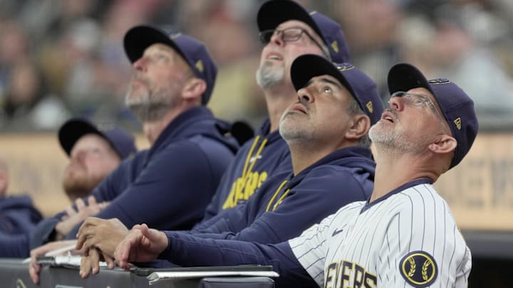 Milwaukee Brewers third base coach Matt Erickson (68) is shown during the first inning of their game against the Pittsburgh Pirates Sunday, April 26, 2026 at American Family Field in Milwaukee, Wisconsin.