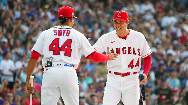 Then-Washington Nationals right fielder Juan Soto greets then-Los Angeles Angels designated hitter/starting pitcher Shohei Ohtani during introductions in the 2021 MLB Home Run Derby.