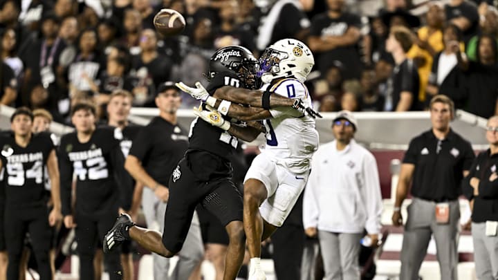 Oct 26, 2024; College Station, Texas, USA; Texas A&M Aggies defensive back Dezz Ricks (10) breaks up a pass intended for LSU Tigers wide receiver Zavion Thomas (0) during the second quarter at Kyle Field. Mandatory Credit: Maria Lysaker-Imagn Images. Oct 26, 2024; College Station, Texas, USA; Texas A&M Aggies defensive back Dezz Ricks (10) breaks up a pass intended for LSU Tigers wide receiver Zavion Thomas (0) during the second quarter at Kyle Field. Mandatory Credit: Maria Lysaker-Imagn Images.