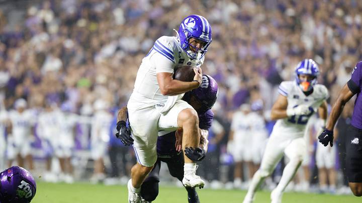 Oct 3, 2026; Fort Worth, Texas, USA;  BYU Cougars quarterback Bear Bachmeier (47) runs for a 21-yard touchdown against the TCU Horned Frogs during the second half at Amon G. Carter Stadium.  Mandatory Credit: Chris Jones-Imagn Images