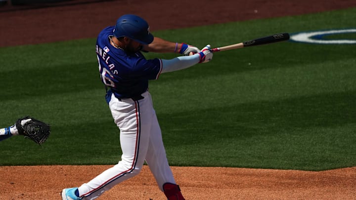 Feb 28, 2024; Surprise, Arizona, USA; Texas Rangers third baseman Jonathan Ornelas (36) bats against