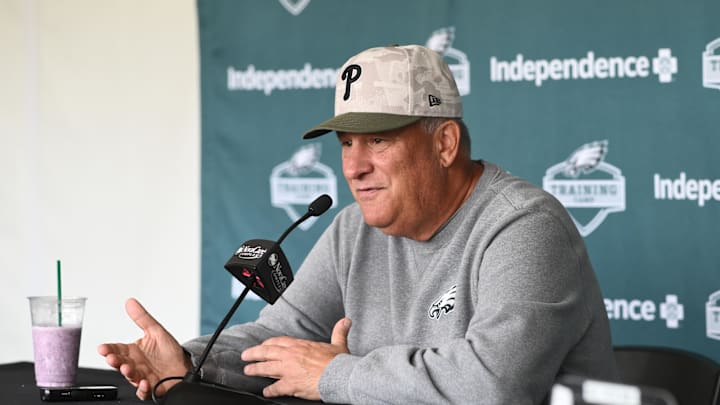 Jul 24, 2025; Philadelphia, PA, USA; Philadelphia Eagles defensive coordinator Vic Fangio addresses media during training camp at NovaCare Complex. Mandatory Credit: Kyle Ross-Imagn Images