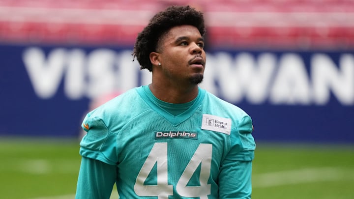 Miami Dolphins linebacker Chop Robinson during practice at Estadio Riyadh Air Metropolitano in Spain during the 2025 season.