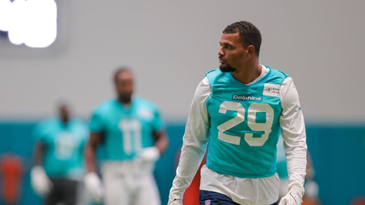 Jul 23, 2025; Miami Gardens, FL, USA; Miami Dolphins safety Minkah Fitzpatrick (29) looks on during training camp at Baptist Health Training Complex. Mandatory Credit: Sam Navarro-Imagn Images