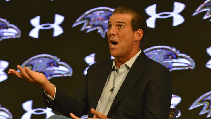 Sep 22, 2014; Owings Mills, MD, USA; Baltimore Ravens  owner Steve Bisciotti speaks during  press conference at Under Armour Performance Center. Mandatory Credit: Tommy Gilligan-USA TODAY Sports