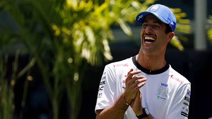 May 2, 2024; Miami Gardens, Florida, USA; RB driver Daniel Ricciardo (3) takes part in a NFL May 2, 2024; Miami Gardens, Florida, USA; RB driver Daniel Ricciardo (3) takes part in a NFL