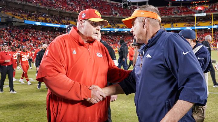 Oct 12, 2023; Kansas City, Missouri, USA; Kansas City Chiefs head coach Andy Reid shakes hands with Denver Broncos head coach Sean Payton after the game at GEHA Field at Arrowhead Stadium. Mandatory Credit: Denny Medley-USA TODAY Sports