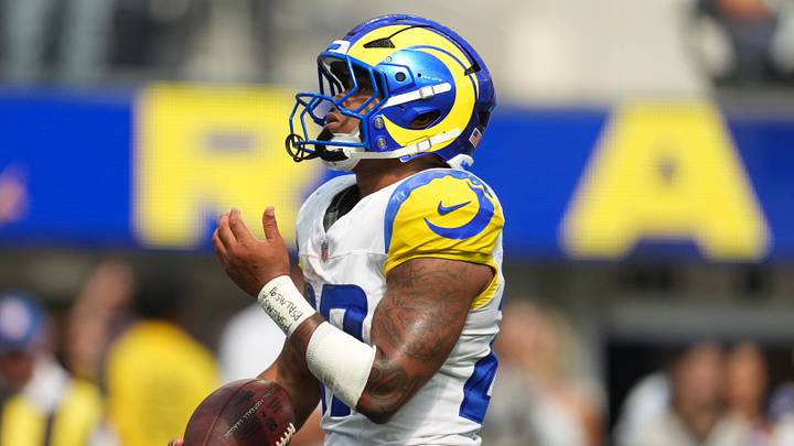 Los Angeles Rams running back Jarquez Hunter (27) reacts after scoring on a 12-yard touchdown run against the New Orleans Saints in the second half at SoFi Stadium in the 2026 preseason. Los Angeles Rams running back Jarquez Hunter (27) reacts after scoring on a 12-yard touchdown run against the New Orleans Saints in the second half at SoFi Stadium in the 2026 preseason.