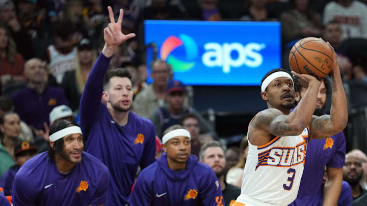 Mar 20, 2024; Phoenix, Arizona, USA; Phoenix Suns guard Bradley Beal (3) shoots against the Philadelphia 76ers during the first half at Footprint Center. Mandatory Credit: Joe Camporeale-Imagn Images