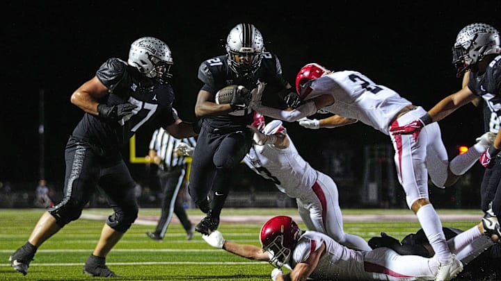 Hamilton running back scores a two-point conversion against Brophy during a game at Hamilton High School in Chandler, on Sept. 19, 2025.