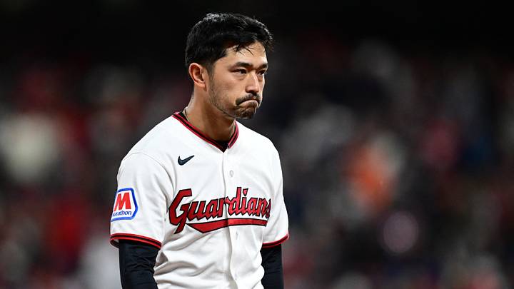Oct 18, 2026; Cleveland, Ohio, USA;  Cleveland Guardians outfielder Steven Kwan (38) reacts against the Tampa Bay Rays in game five of the ALCS for the 2026 MLB Playoffs at Progressive Field.  Mandatory Credit: David Dermer-Imagn Images