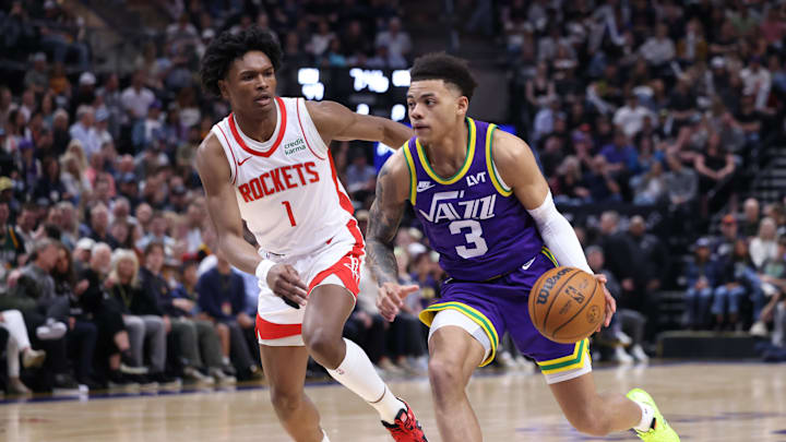 Apr 11, 2024; Salt Lake City, Utah, USA; Utah Jazz guard Keyonte George (3) drives against Houston