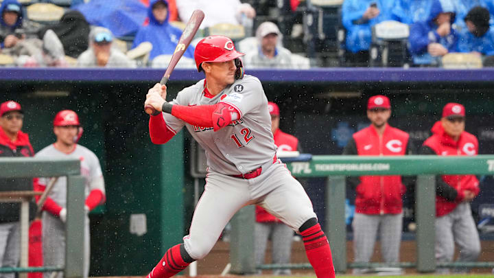 May 26, 2025; Kansas City, Missouri, USA; Cincinnati Reds left fielder Austin Hays (12) at bat against the Kansas City Royals during the game at Kauffman Stadium. Mandatory Credit: Denny Medley-Imagn Images May 26, 2025; Kansas City, Missouri, USA; Cincinnati Reds left fielder Austin Hays (12) at bat against the Kansas City Royals during the game at Kauffman Stadium. Mandatory Credit: Denny Medley-Imagn Images