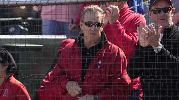 Angels owner Arte Moreno is acknowledged by the fans before a game against the Los Angeles Dodgers at Tempe Diablo Stadium on March 3, 2023. Angels owner Arte Moreno is acknowledged by the fans before a game against the Los Angeles Dodgers at Tempe Diablo Stadium on March 3, 2023.
