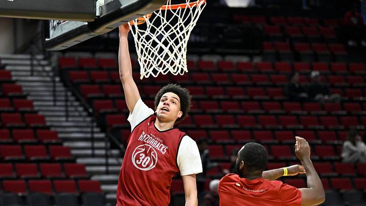 Mar 18, 2026; Portland, OR, USA; Arkansas Razorbacks forward Isaiah Sealy (30) shoots the ball during a practice session ahead of the first round of the men's 2026 NCAA Tournament at Moda Center. Mandatory Credit: Craig Strobeck-Imagn Images