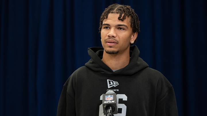 Feb 27, 2026; Indianapolis, IN, USA; North Dakota State wideout Bryce Lance (WO26) speaks to members of the media during the NFL Combine at the Indiana Convention Center. Mandatory Credit: Jacob Musselman-Imagn Images