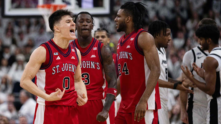Feb 14, 2026; Providence, Rhode Island, USA; St. John’s basketball guard Dylan Darling (0) reacts during the second half of the game against the Providence College Friars at Amica Mutual Pavilion. Feb 14, 2026; Providence, Rhode Island, USA; St. John’s basketball guard Dylan Darling (0) reacts during the second half of the game against the Providence College Friars at Amica Mutual Pavilion.