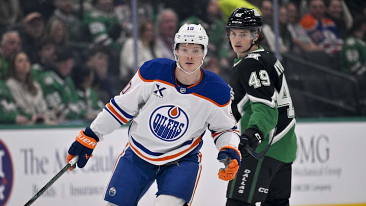 Mar 12, 2026; Dallas, Texas, USA; Edmonton Oilers center Trent Frederic (10) skates against the Dallas Stars during the game between the Stars and the Oilers at the American Airlines Center. Mandatory Credit: Jerome Miron-Imagn Images