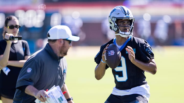 Jul 26, 2025; Charlotte, NC, USA; Carolina Panthers quarterback Bryce Young (9) throws during practice at training camp. Mandatory Credit: Scott Kinser-Imagn Images