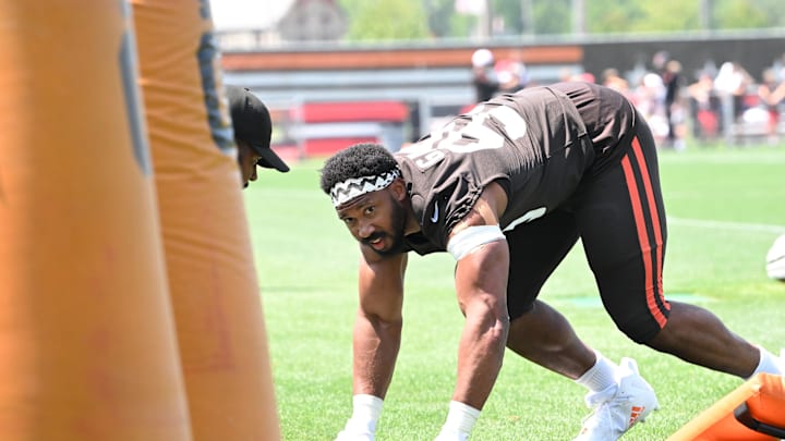Aug 4, 2024; Cleveland Browns defensive end Myles Garrett (95) during practice at the Browns training facility in Berea, Ohio. Mandatory Credit: Bob Donnan-Imagn Images