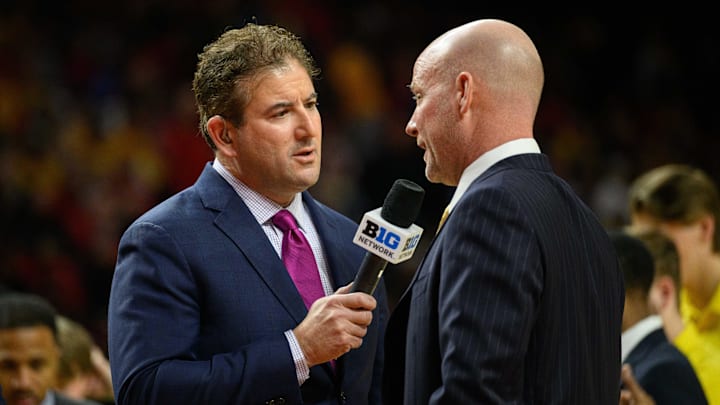 Jan 29, 2025; College Park, Maryland, USA; College basketball analyst Andy Katz interviews Maryland Terrapins head coach Kevin Willard during a timeout at the game between the Maryland Terrapins and the Wisconsin Badgers at Xfinity Center. Mandatory Credit: Reggie Hildred-Imagn Images
