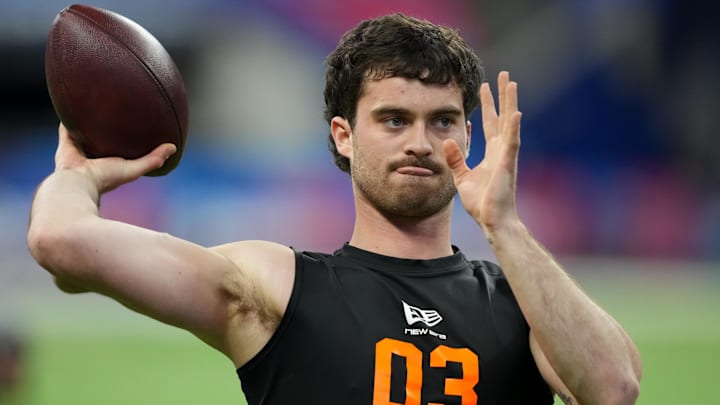 Feb 28, 2026; Indianapolis, IN, USA; Illinois quarterback Luke Altmyer (QB03) during the NFL Scouting Combine at Lucas Oil Stadium. 