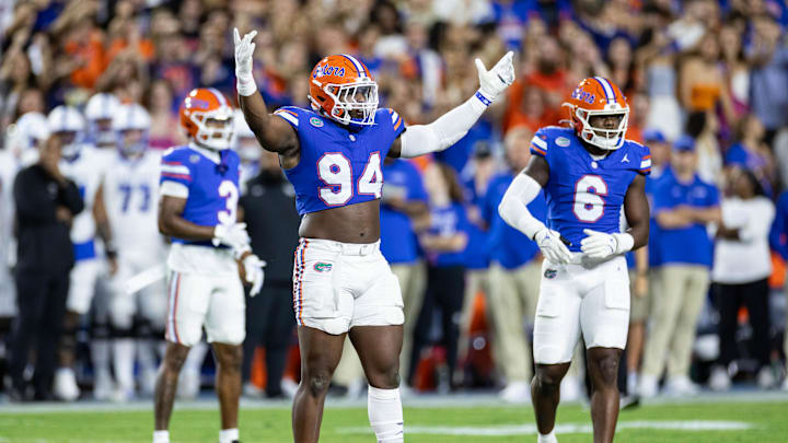 Oct 19, 2024; Gainesville, Florida, USA; Florida Gators defensive end Tyreak Sapp (94) gestures towards the crowd against the Kentucky Wildcats during the first half at Ben Hill Griffin Stadium. Mandatory Credit: Matt Pendleton-Imagn Images